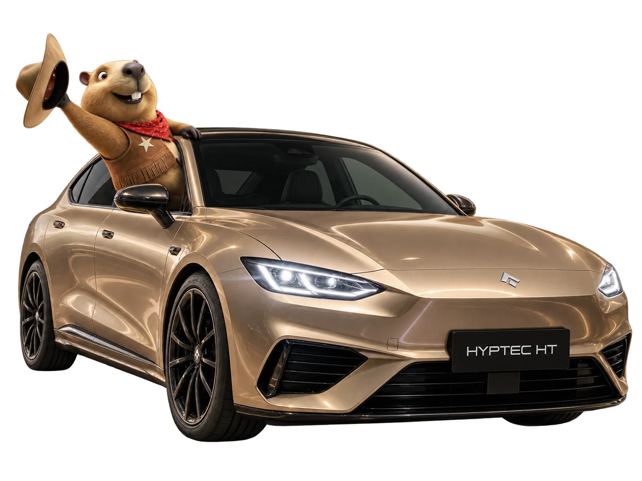 Capivara da campanha Acelera Síndico no Hyptec HT dourado, o SUV 100% elétrico do prêmio